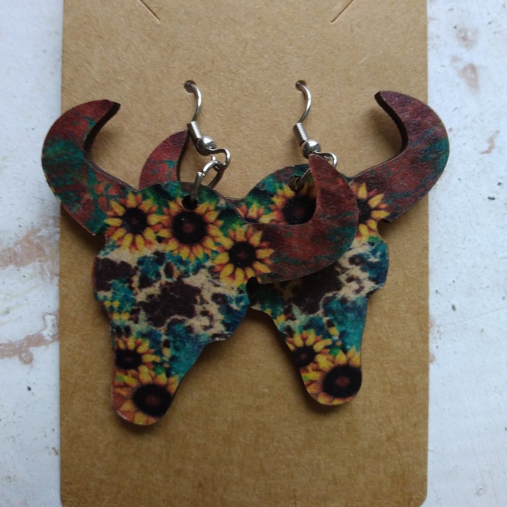 Sunflower Cow Skull Earrings